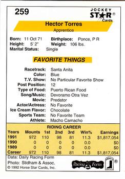 1992 Jockey Star #259 Hector Torres Back